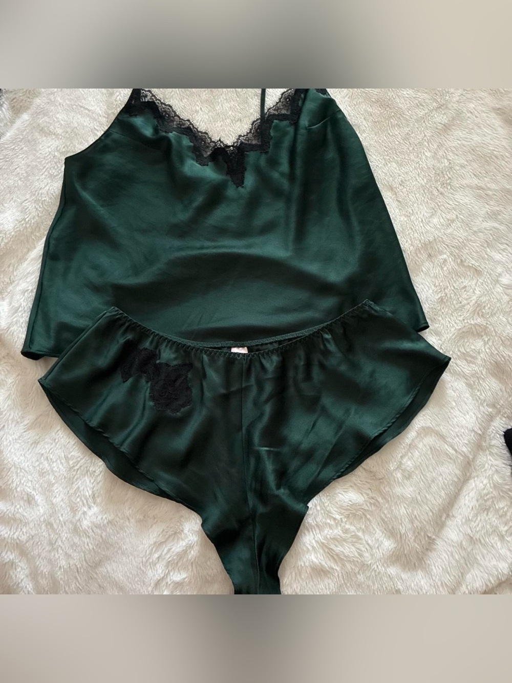Victoria's Secret dark green satin cami & brief set with black lace, size S